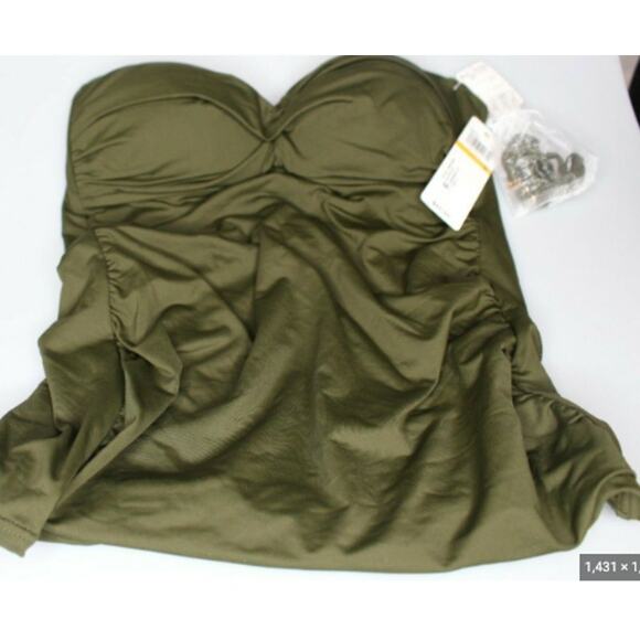 Anne Cole Solid Twist Front Shirred Bandeau Tankini Top Olive Size Small NWT - Picture 2 of 5